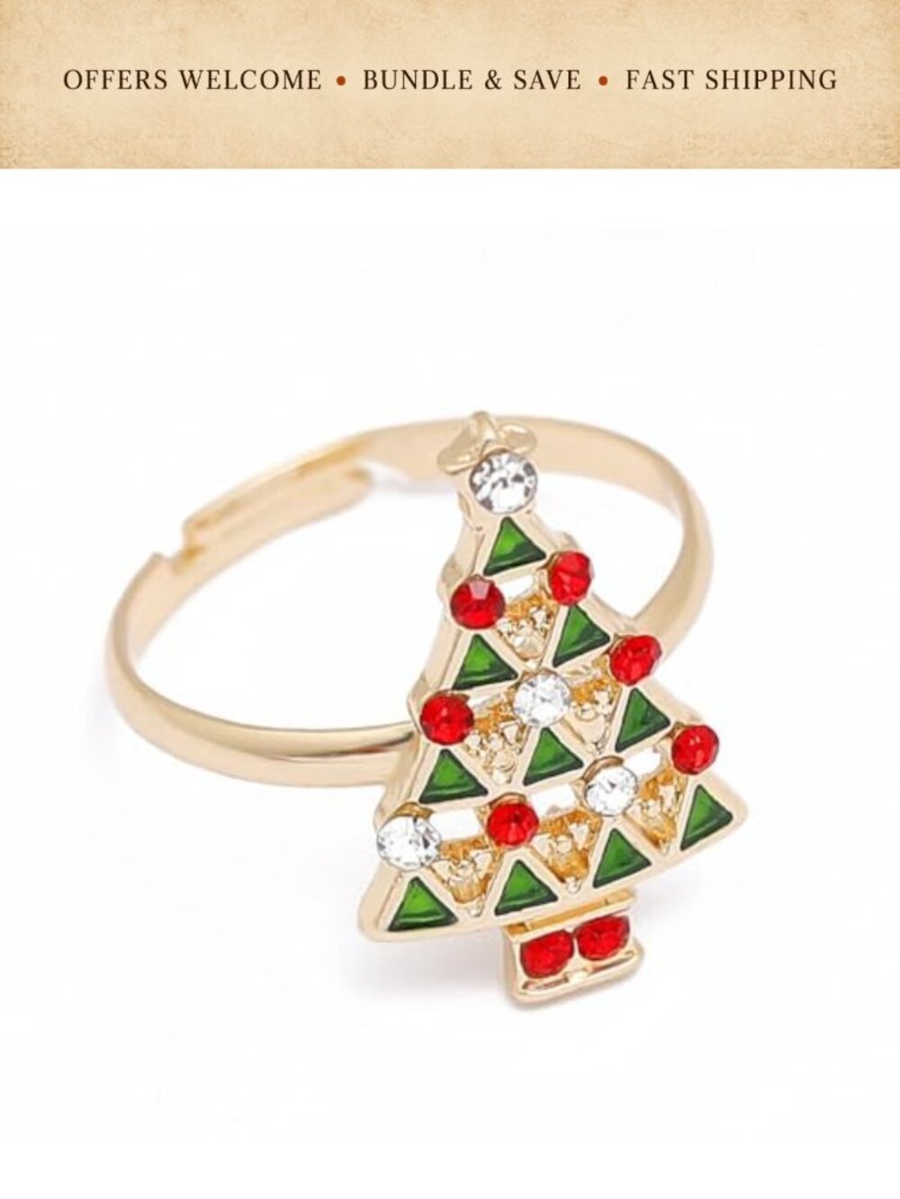 Christmas Statement Ring Gold Plated Enamel Adjustable Open Wrap Festival
